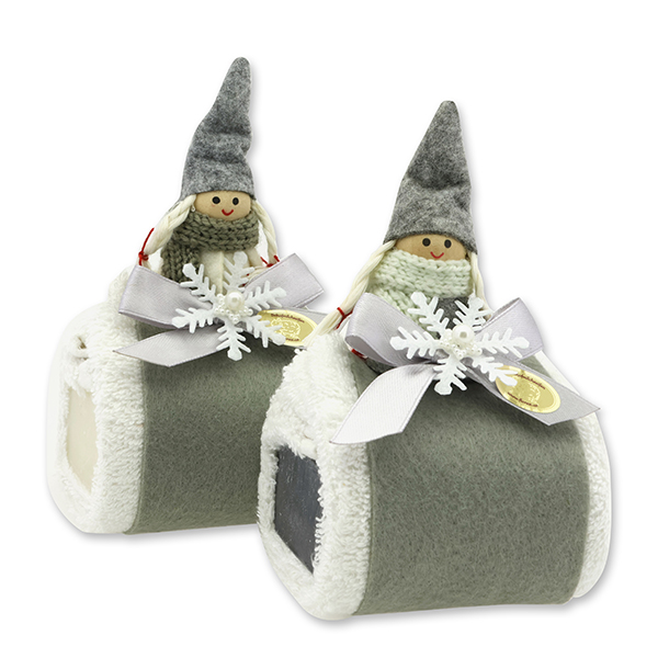 Sheep milk soap 100g with a wash cloth, decorated with a gnome, Classic/chrismas rose silver 