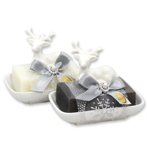 Sheep milk soap 150g on a soap dish decorated with a deer, Classic/christmas rose silver 