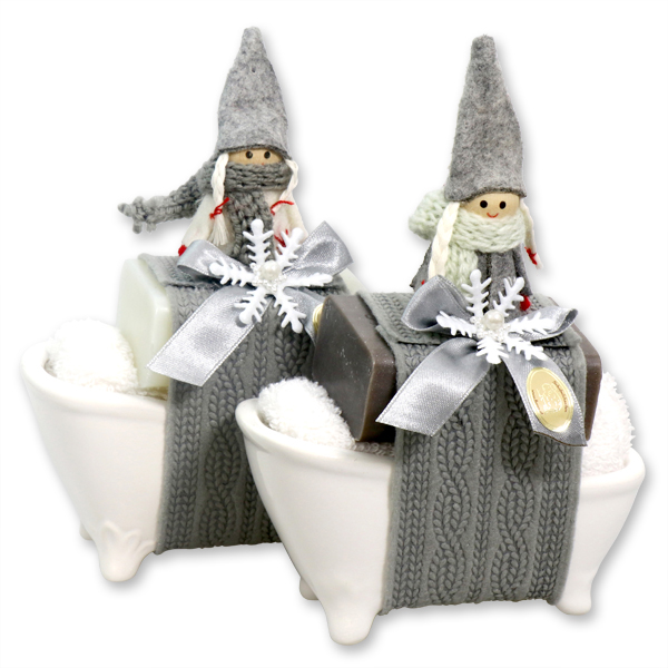 Bath tube filled with a sheep milk soap 100g, decorated with a gnome, Classic/christmas rose silver 