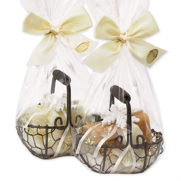 Wire basket filled with sheep milk soap 100g and soap tree 16g decorated with a snowflake in a cellophane, Classic/quince 