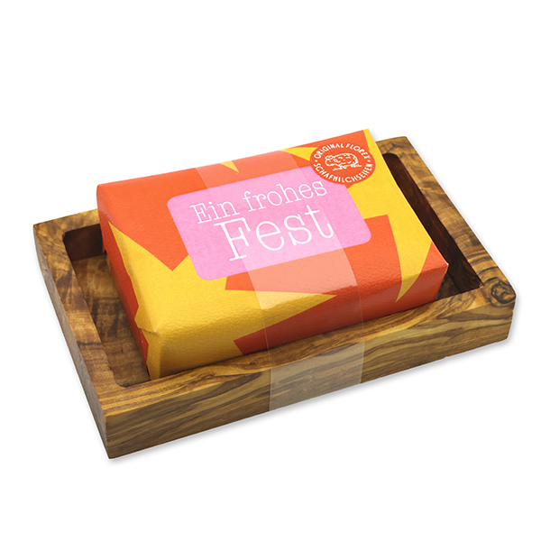 Schafmilchseife eckig 150g "Bunte Festtage Motiv 12" auf Olivenholz-Seifenschale, Mandarine-Zimt 