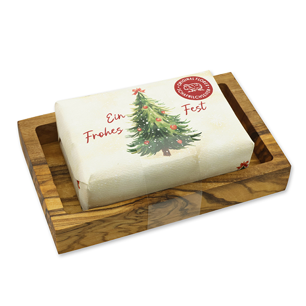 Schafmilchseife eckig 150g "Bunte Festtage Motiv 2" auf Olivenholz-Seifenschale, Zirbe 