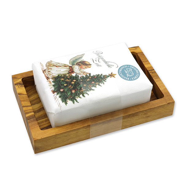 Sheep milk soap 150g "Colorful Holidays motif 20" on a soap dish, Christmas rose white 