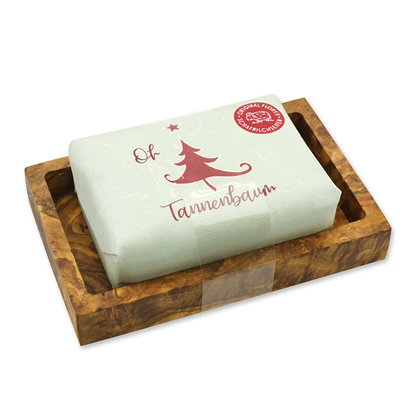 Schafmilchseife eckig 150g "Bunte Festtage Motiv 4" auf Olivenholz-Seifenschale, Schneerose 