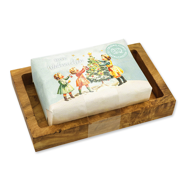 Schafmilchseife eckig 150g "Bunte Festtage Motiv 8" auf Olivenholz-Seifenschale, Classic 