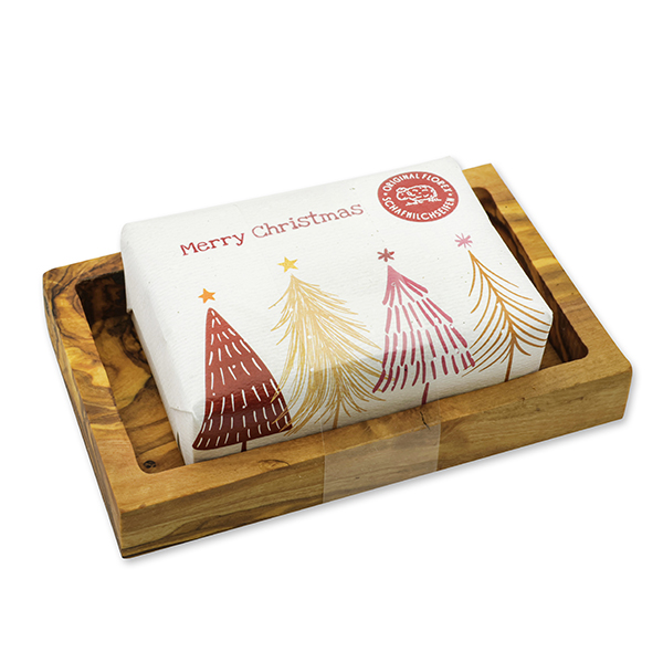 Sheep milk soap 150g "Colorful Holidays motif 9" on a soap dish, Winter magic 