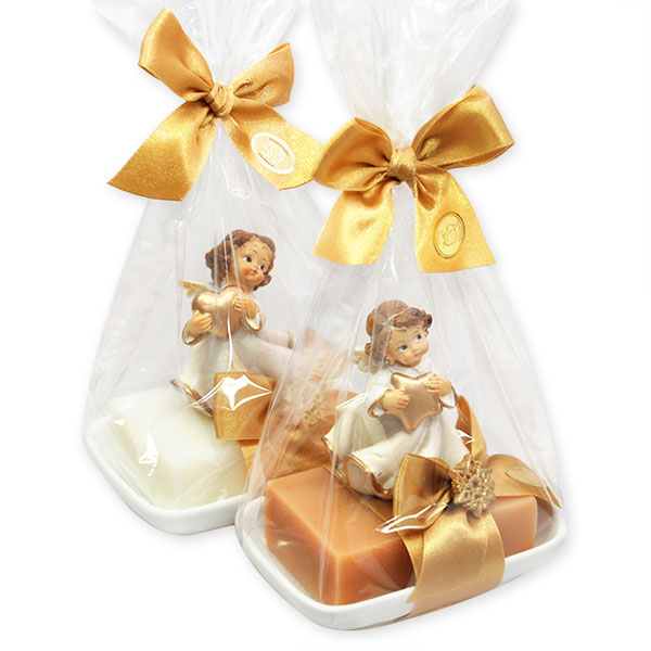 Sheep milk soap 150g on a soap dish decorated with an angel in a cellophane, Classic/quince 