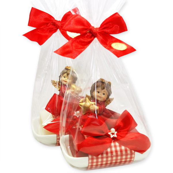 Sheep milk soap 150g on a soap dish decorated with an angel in a cellophane bag, Classic/pomegranate 