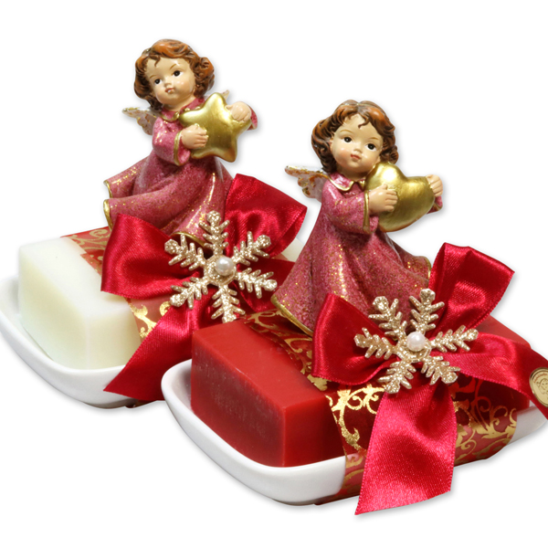 Sheep milk soap 150g on a soap dish decorated with an angel, Classic/pomegranate 