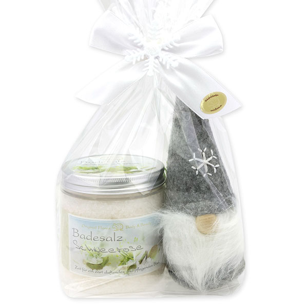 Bath salt 300g with a gnome in a cellophane bag, Christmas rose white 