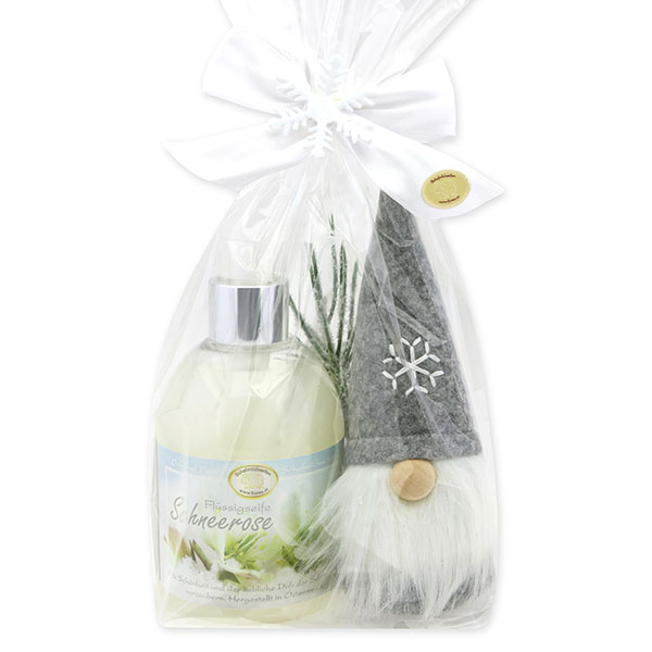 Liquid soap 250ml with a gnome in a cellophane bag, Christmas rose white 