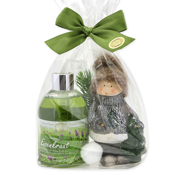 Liquid soap 250ml with a ceramic-winter child in a cellophane bag, Verbena 