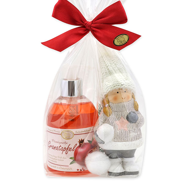 Liquid soap 250ml with a ceramic-winter child in a cellophane bag, Pomegranate 