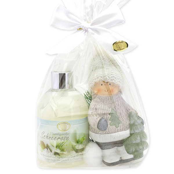 Liquid soap 250ml with a ceramic-winter child in a cellophane bag, Christmas rose white 