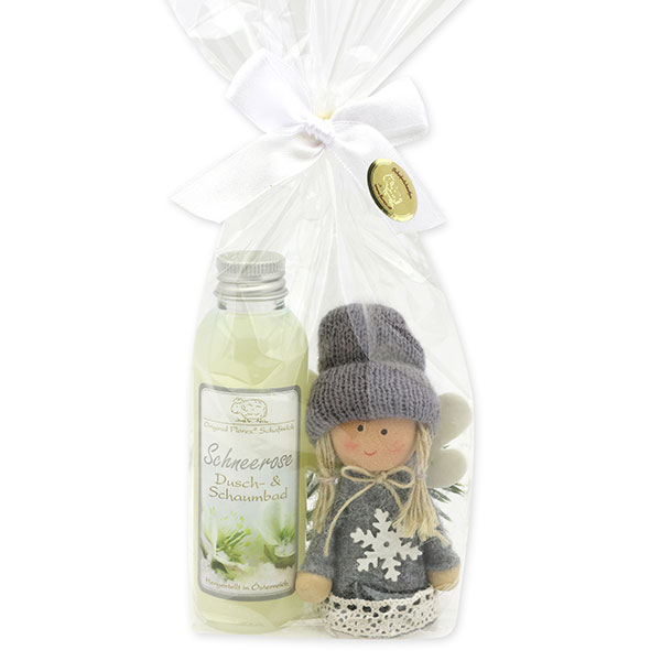 Shower- & foam bath 75ml with an angel in a cellophane bag, Christmas rose white 