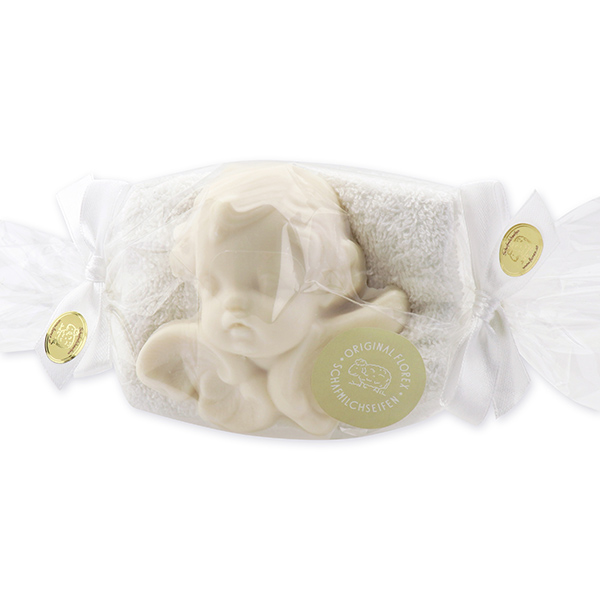 Sheep milk soap angel with wings 108g decorated with a washing cloth in a cellophane, Christmas rose white 