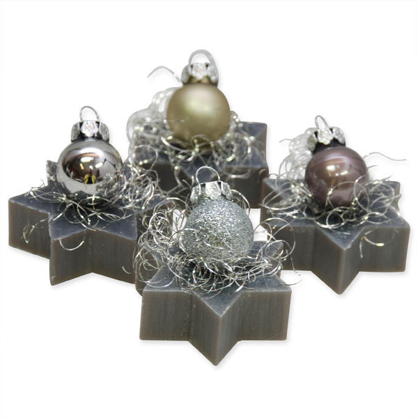 Sheep milk star soap 20g decorated with a christmas ball, Christmas rose silver 