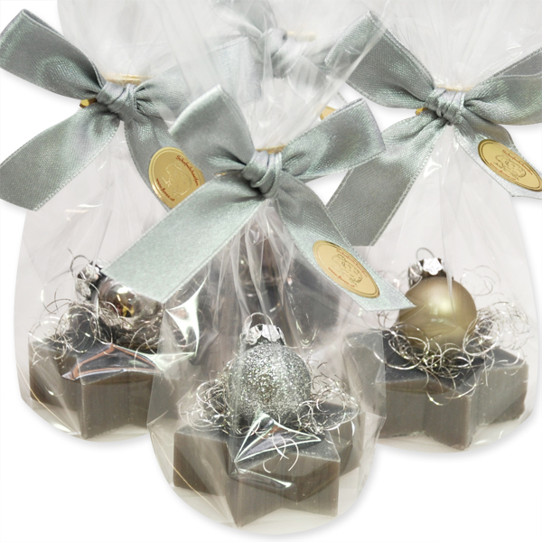 Sheep milk star soap 20g decorated with a christmas ball in a cellophane, Christmas rose silver 