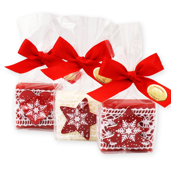 Sheep milk soap 35g decorated with christmas motives in a cellophane, Classic/pomegranate 