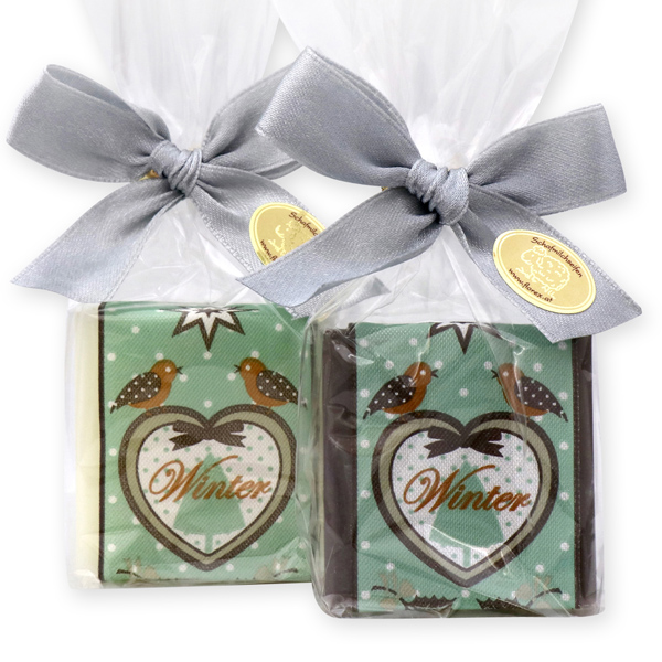 Sheep milk soap 35g decorated with a christmas ribbon in a cellophane, Classic/christmas rose silver 