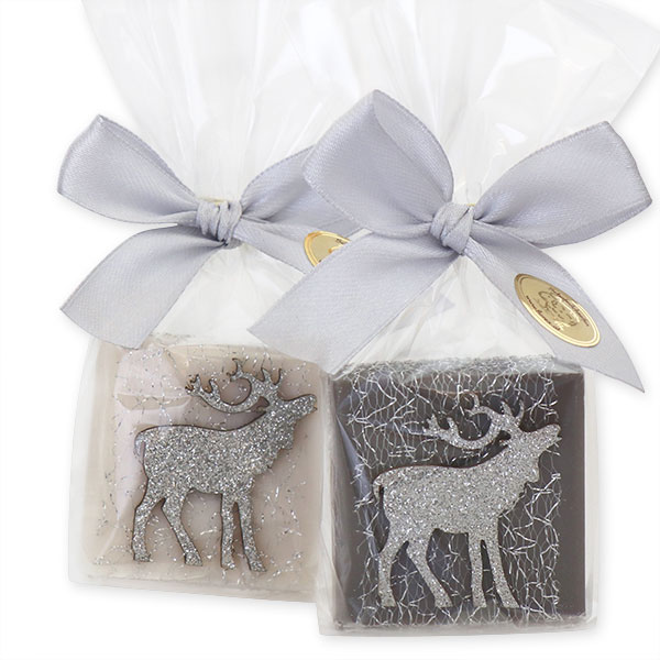 Sheep milk soap 35g decorated with a deer in a cellophane, Classic/christmas rose silver 