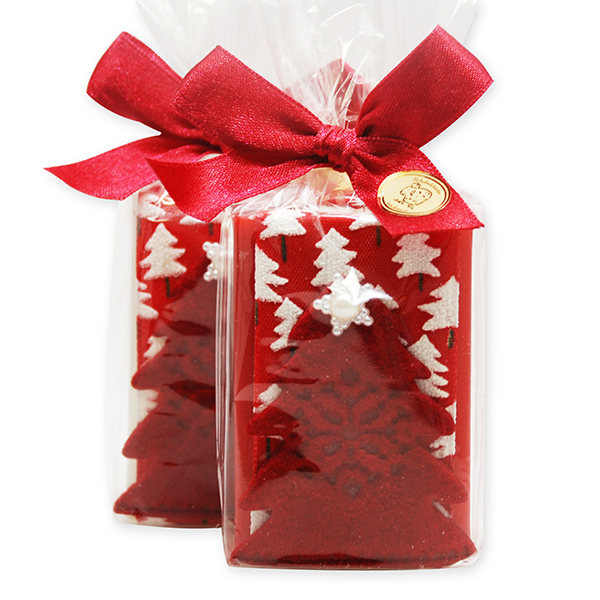 Sheep milk soap 100g, decorated with a glass christmas tree in a cellophane, Classic/pomegranate 