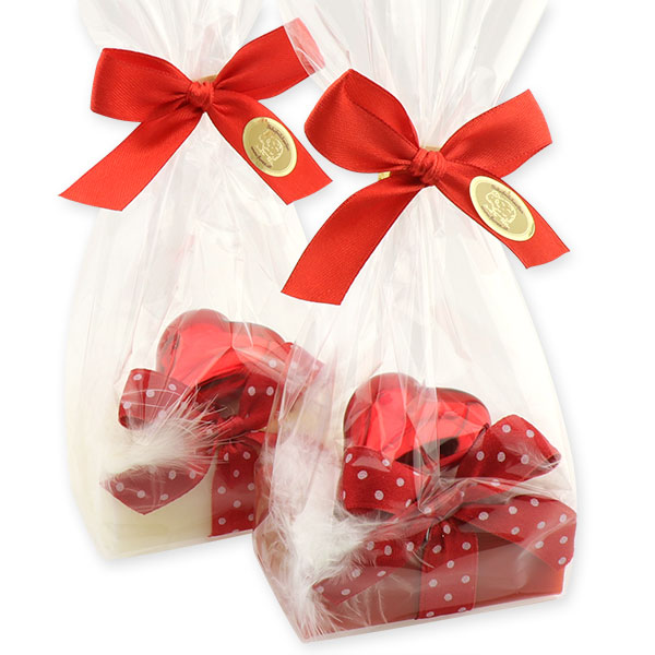 Sheep milk soap 100g, decorated with a glass christmas heart in a cellophane, Classic/pomegranate 