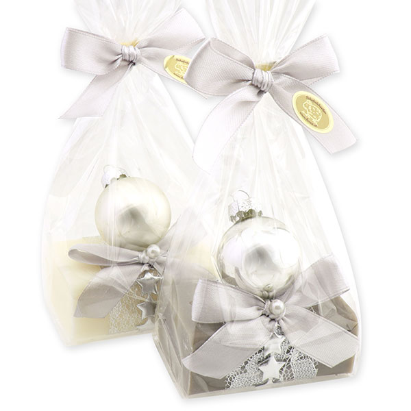 Sheep milk soap 100g, deocrated with a christmas ball in a cellophane, Classic/christmas rose silver 