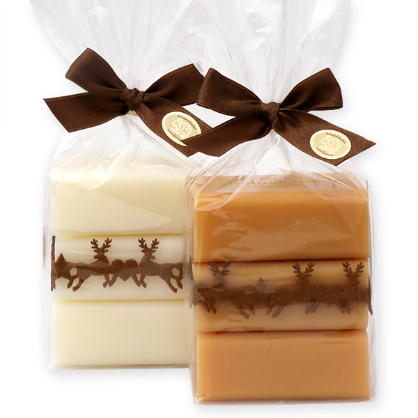 Sheep milk soap 3x100g decorated with a deer-ribbon in a cellophane, Classic/quince 