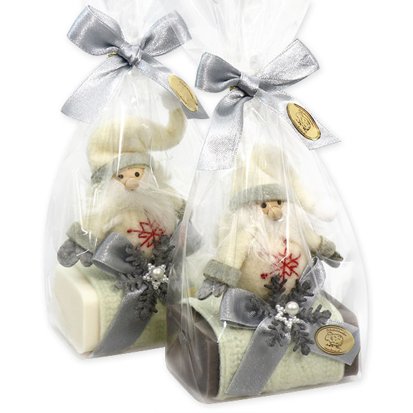 Sheep milk soap 100g decorated with a gnome in a cellophane, Classic/christmas rose silver 