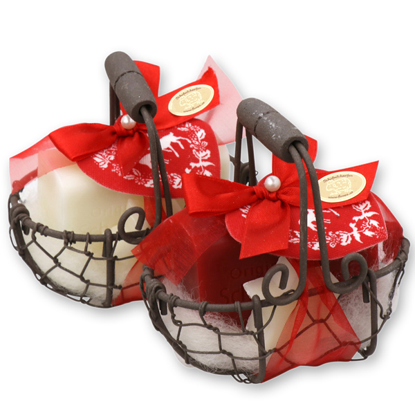 Wire basket filled with sheep milk soap 100g and star 20g classic decorated with a red heart, Classic/pomegranate 