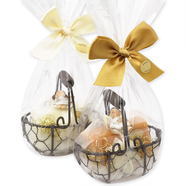 Wire basket filled with sheep milk soap 100g and star 20g decorated with an angel in a cellophane, Classic/quince 