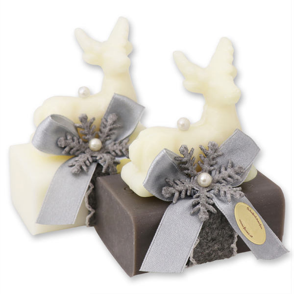 Sheep milk soap 100g decorated wtih a soap deer 30g, Classic/christmas rose silver 