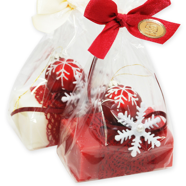 Sheep milk soap 100g, decorated with a glass christmas ball in a cellophane, Classic/pomegranate 