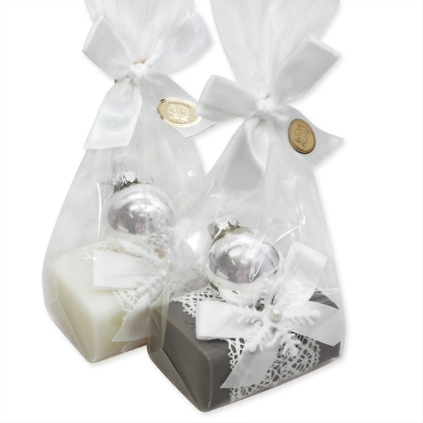 Sheep milk soap 100g, decorated with a christmas ball in a cellophane, Classic/christmas rose silver 