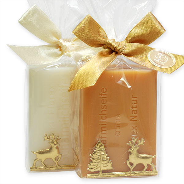 Sheep milk soap 100g decorated with a gold 'forest'-ribbon in a cellophane, Classic/quince 