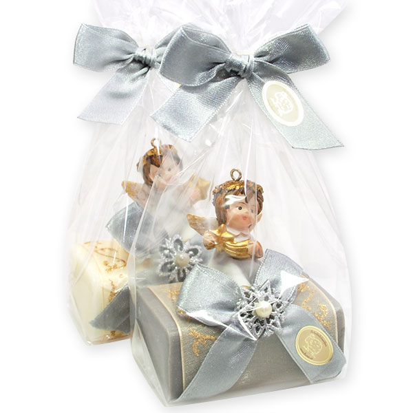 Sheep milk soap 100g decorated with an angel in a cellophane, Classic/christmas rose silver 