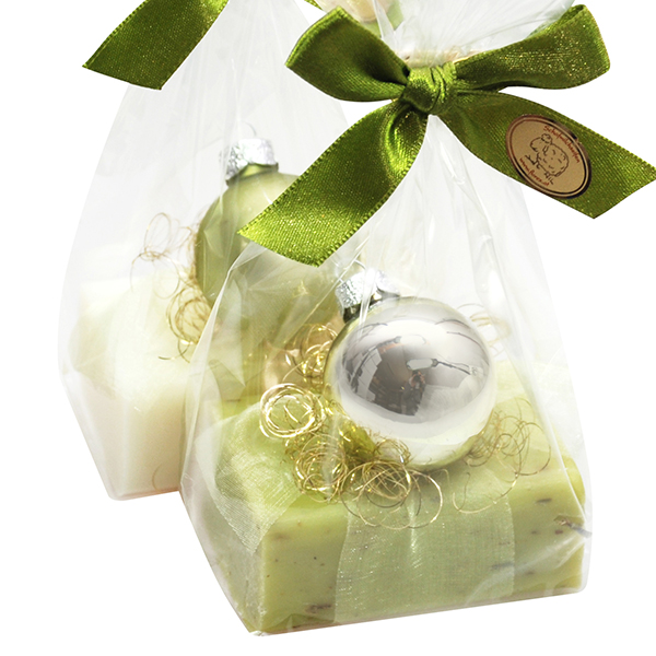 Sheep milk soap 100g, decorated with a glass christmas ball in a cellophane, Classic/verbena 