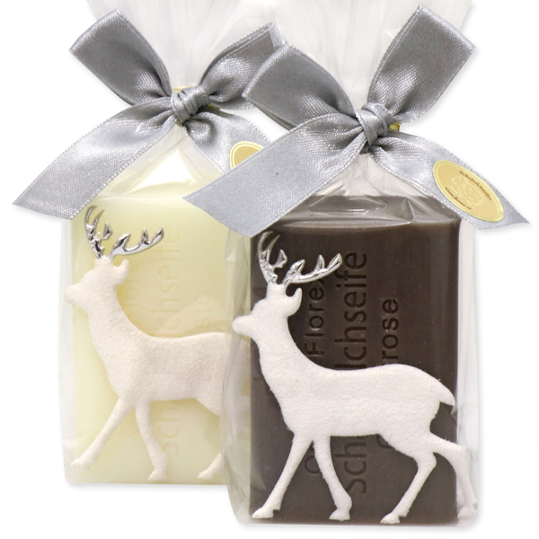 Sheep milk soap 100g decorated with a deer in a cellophane, Classic/Christmas rose silver 