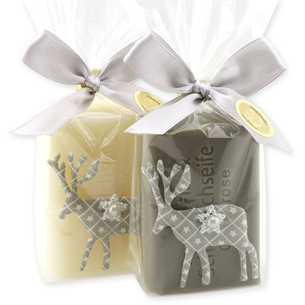 Sheep milk soap 100g, decorated with a deer in a cellophane, Classic/Christmas rose silver 