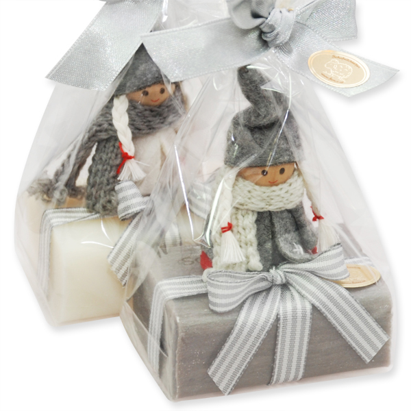 Sheep milk soap 100g decorated with a gnome in a cellophane, Classic/chrstimas rose silver 