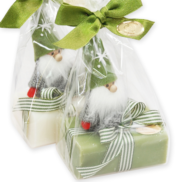 Sheep milk soap 100g decorated with a gnome in a cellophane, Classic/garden 