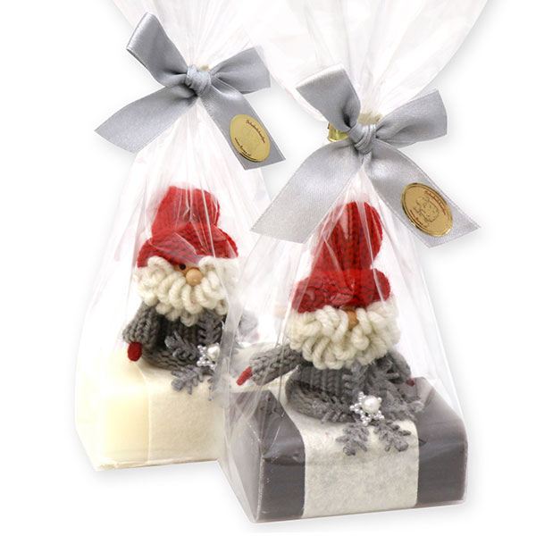 Sheep milk soap 100g decorated with gnome in a cellophane, Classic/chrstimas rose silver 