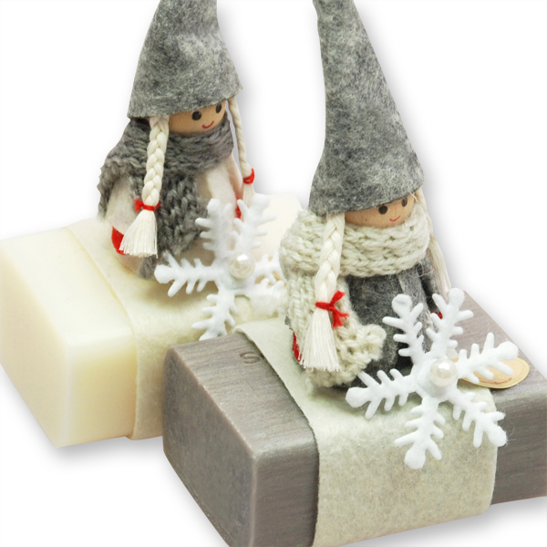 Sheep milk soap 100g decorated with a gnome, Classic/chrstimas rose silver 