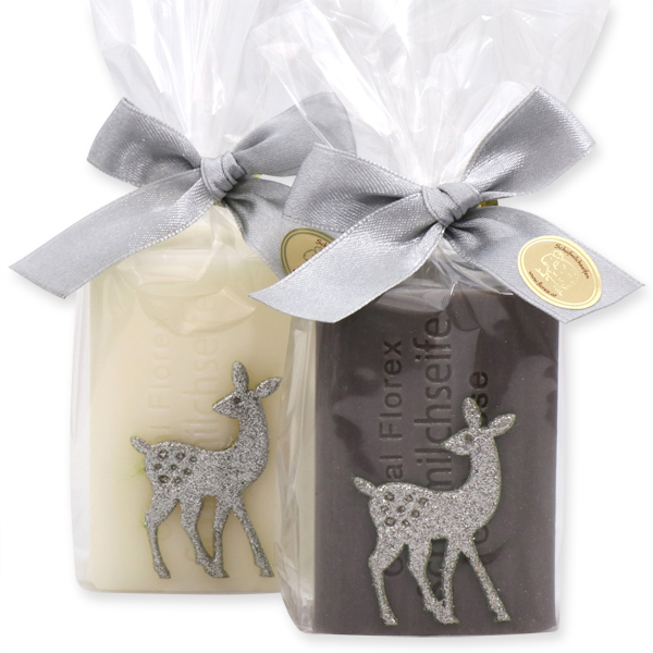 Sheep milk soap 100g, decorated with a glitter fawn in a cellophane, Classic/Christmas rose silver 