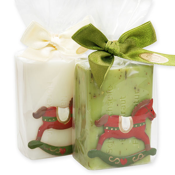 Sheep milk soap 100g, decorated with a rocking horse in a cellophane, Classic/verbena 