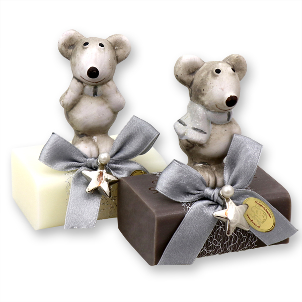 Sheep milk soap 100g, decorated with a mouse, Classic/christmas rose silver 