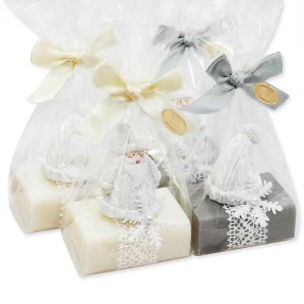 Sheep milk soap 100g, decorated with santa in a cellophane, Classic/christmas rose silver 