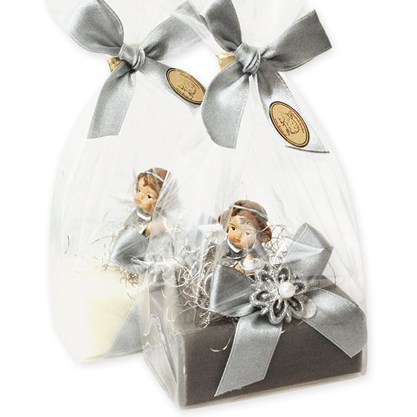 Sheep milk soap 100g decorated with an angel in a cellophane, Classic/christmas rose silver 