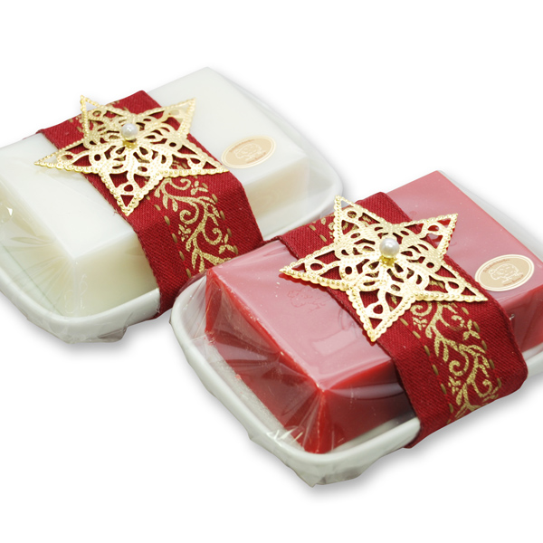 Sheep milk soap 150g on a soap dish decorated with ornaments in a cellophane, Classic/pomegranate 